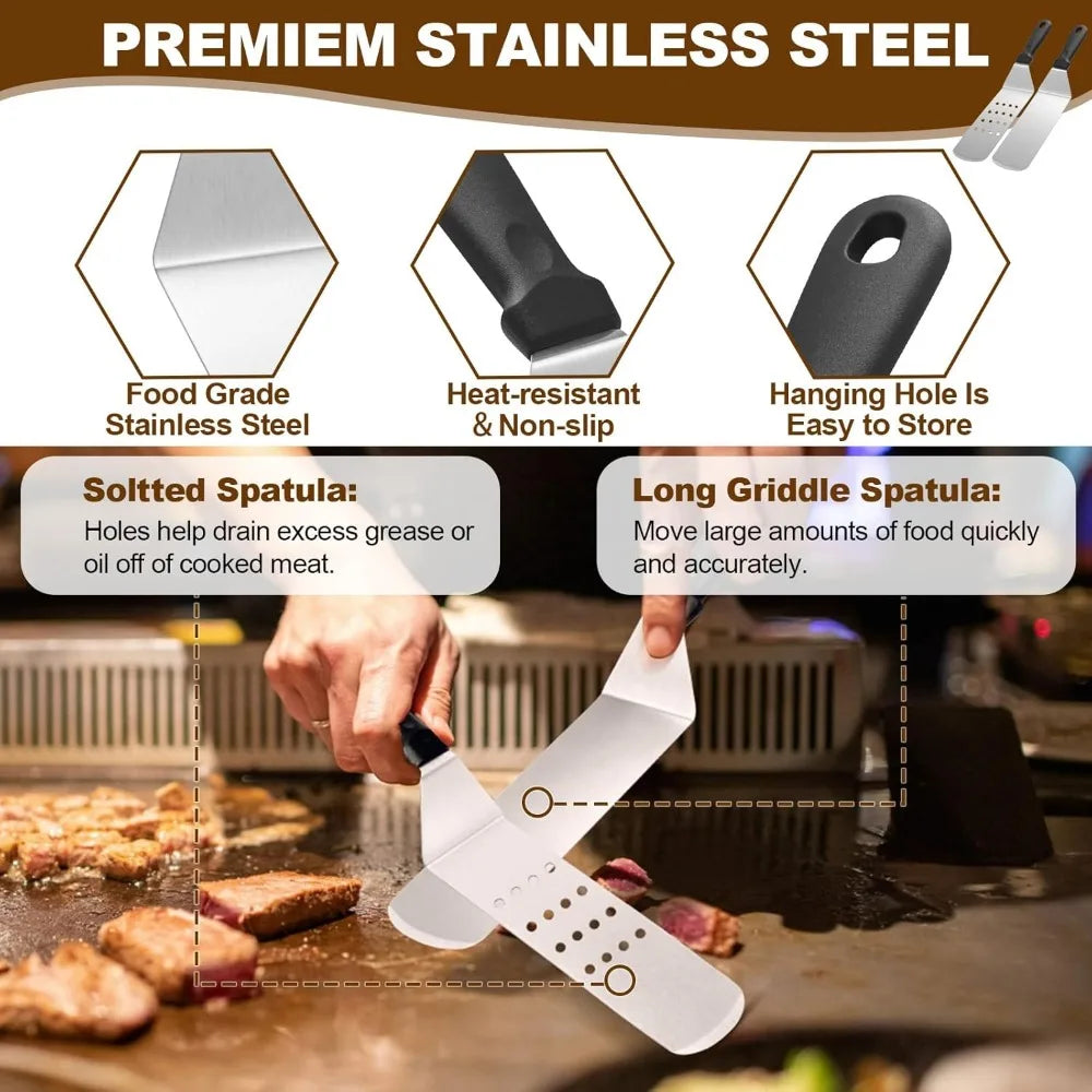 14PCS Griddle Accessories Kit, Flat Top Grill Accessories Set for Blackstone and Camp Chef, Grill Spatula Set with Enlarged Spat