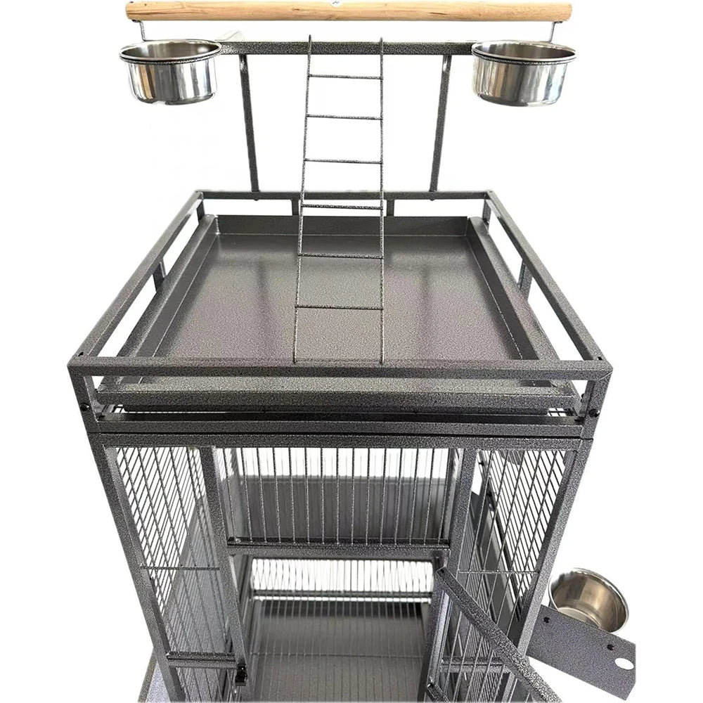 HiMISSCN Wrought Iron Parrot Bird Cage With Rooftop Playground Casters