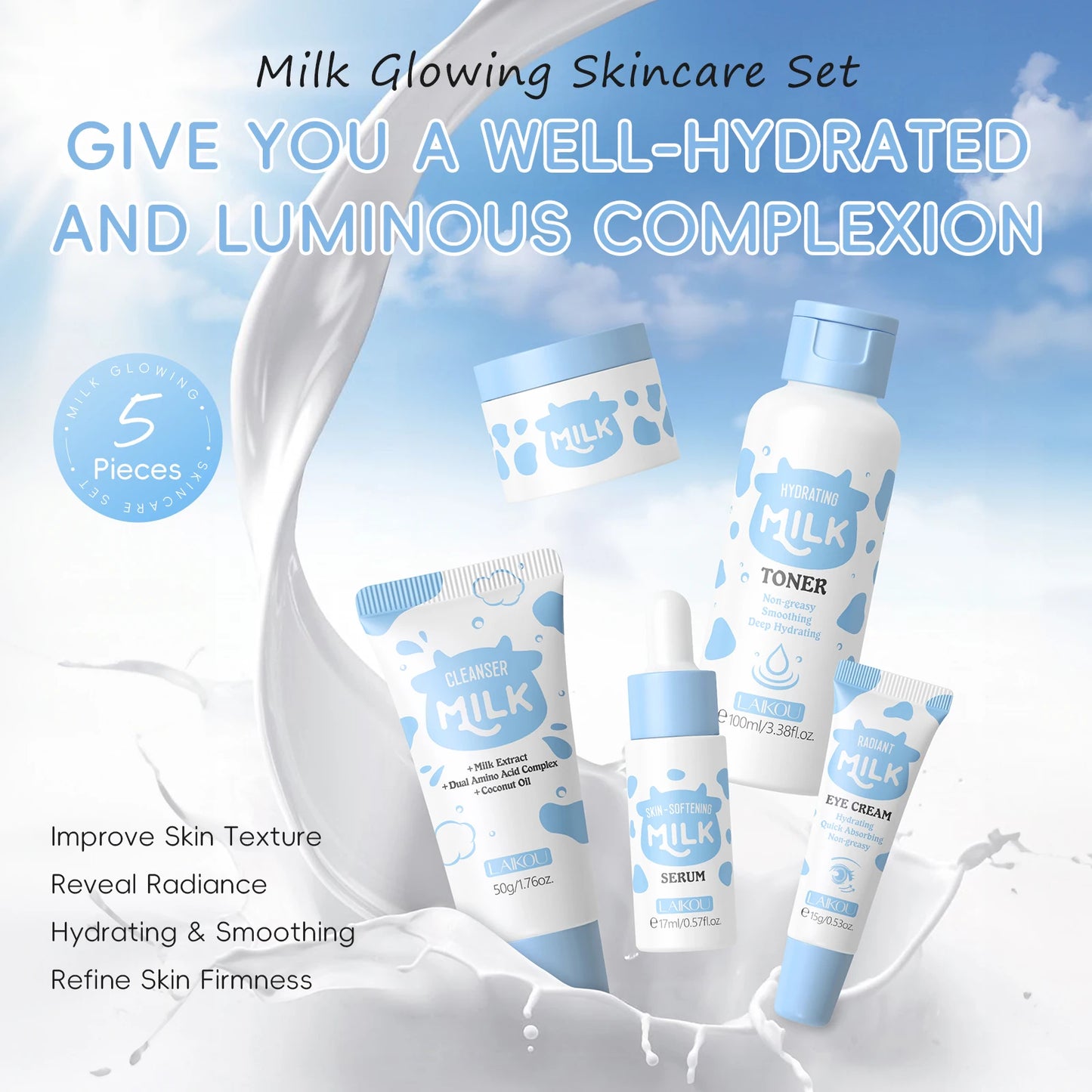 LAIKOU Milk Glow Skincare Set Hydrating Brightening Anti Aging Kit