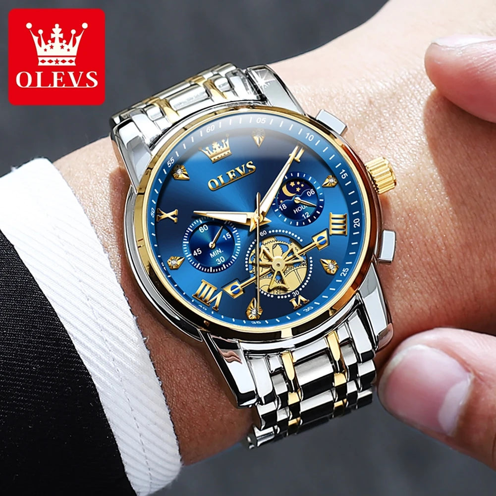 OLEVS Men's Flywheel Skeleton Chronograph Moon Phase Watch