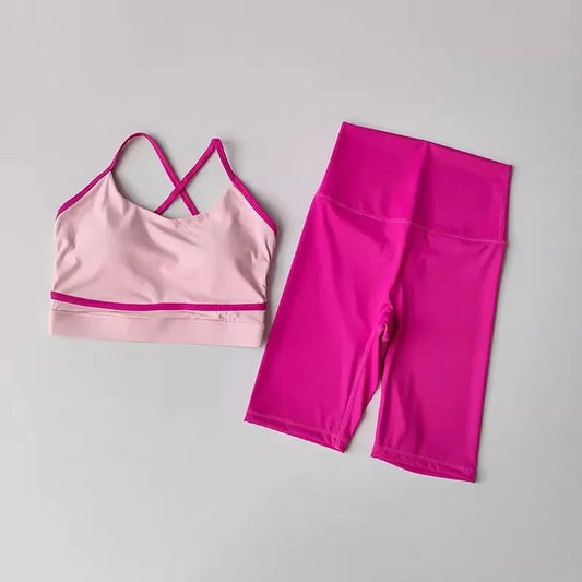 Two Piece Women Yoga Set High Waist Shorts Sports Bra