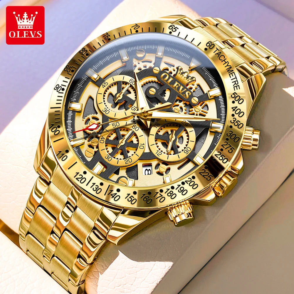 OLEVS Luxury Skeleton Chronograph Stainless Steel Mens Watch