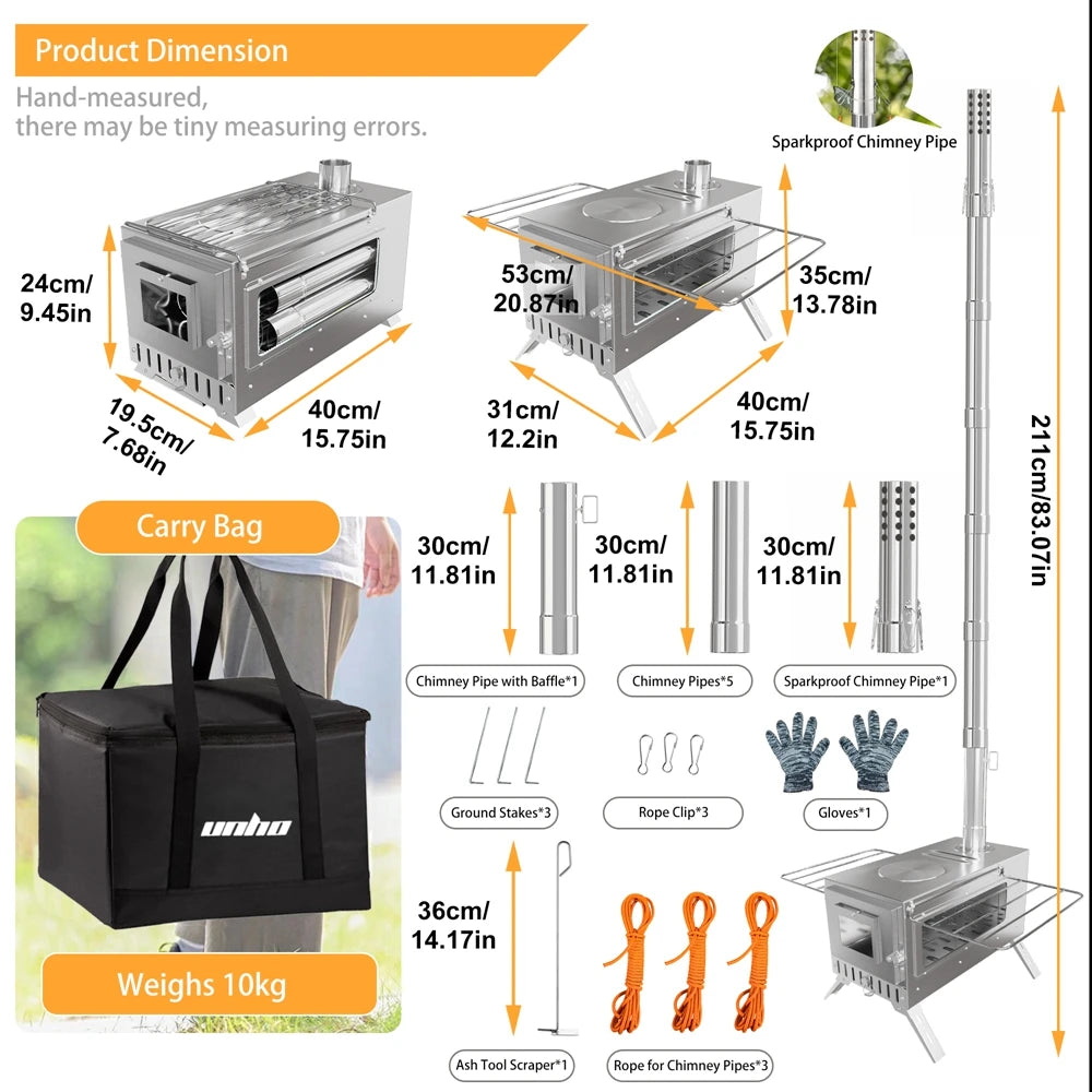 Stainless Steel Portable Camping Wood Burning Stove With Chimney Pipes