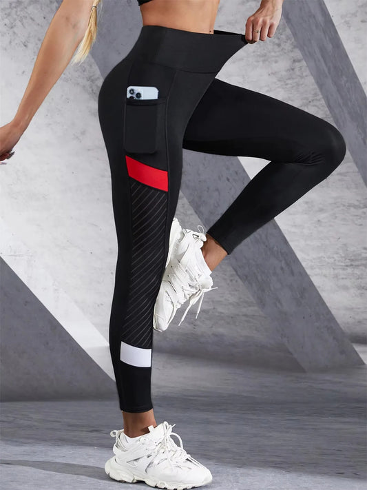 Colorblocked Mesh High Waist Yoga Pants With Side Pockets