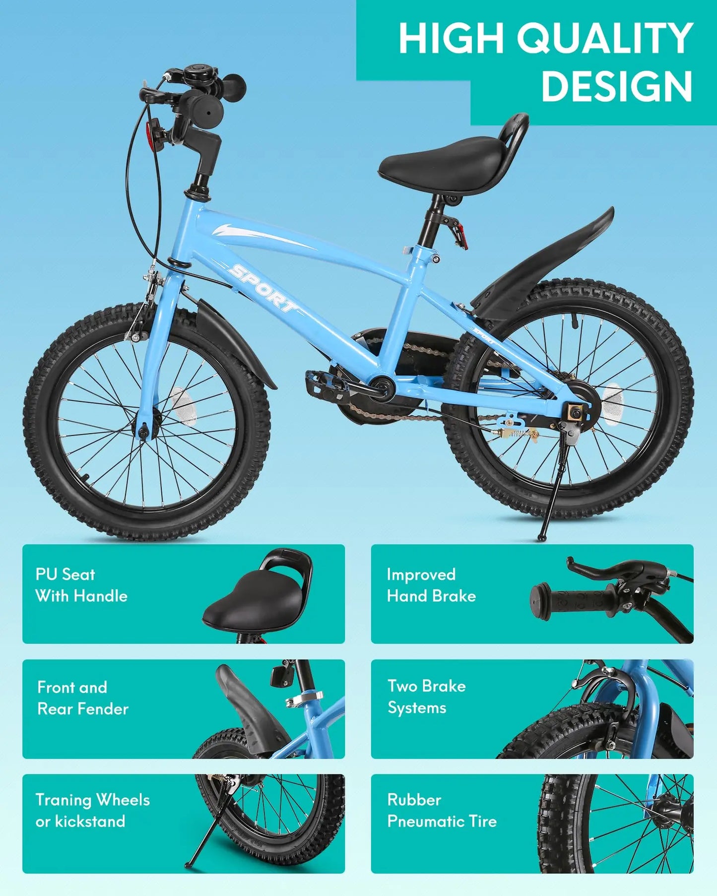 Kids Bike With Training Wheels Dual Handbrake Kickstand Adjustable Saddle