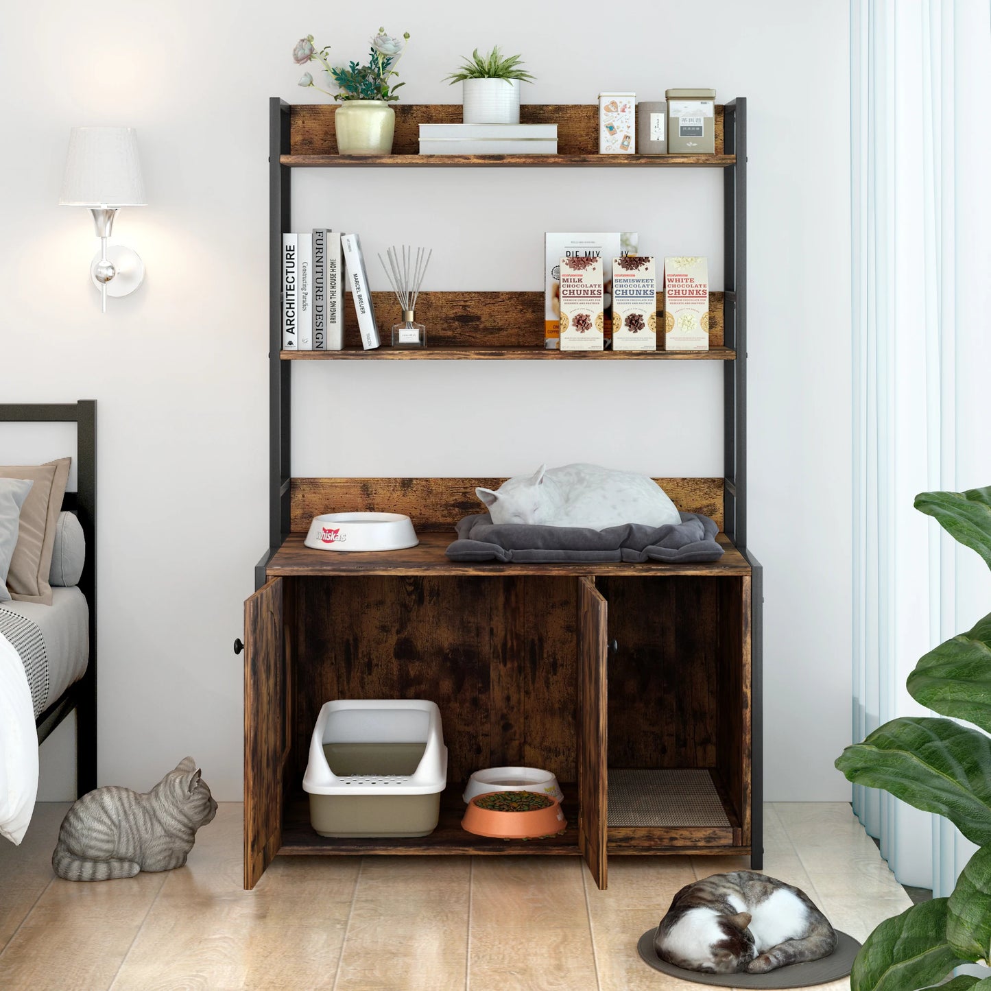 HiMISSCN Wooden Hidden Cat Litter Box Enclosure With Shelves