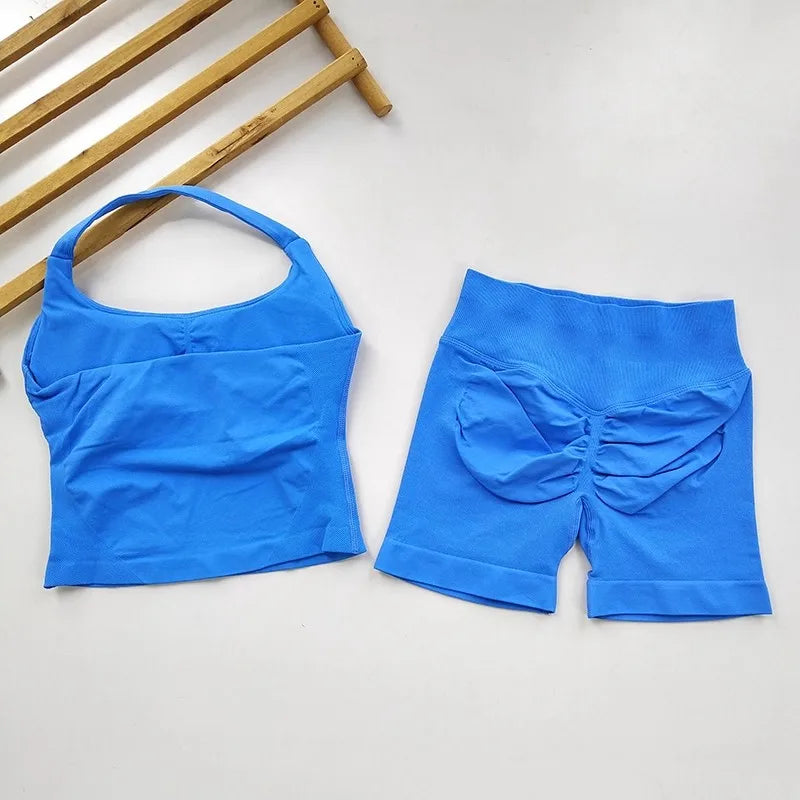 SKINOFSKIN Yoga Two Piece Set Women Backless Halter Tops High Waist Shorts