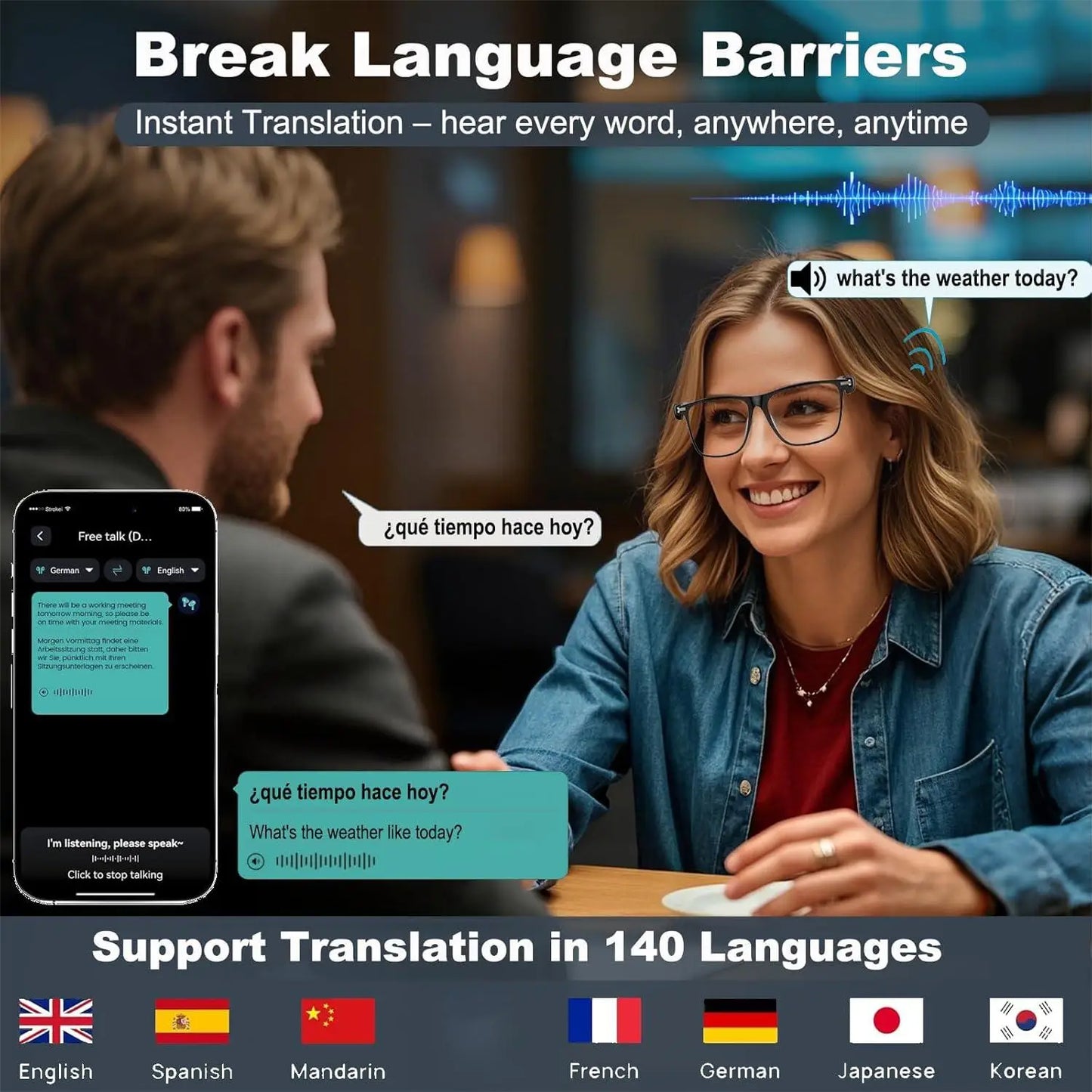 Giinova AI Translation Smart Glasses With Real Time 160 Languages