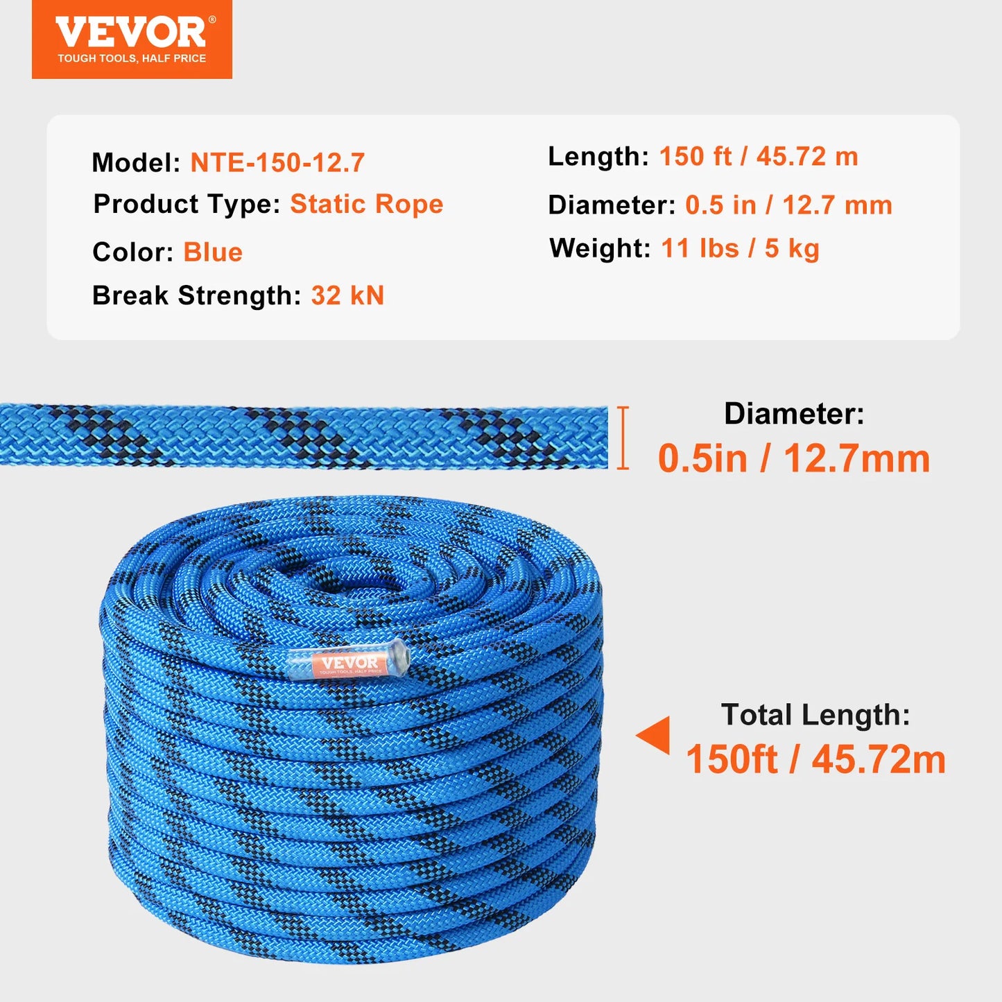 VEVOR Static Climbing Rope Outdoor Rock Climbing With Steel Snap Hooks