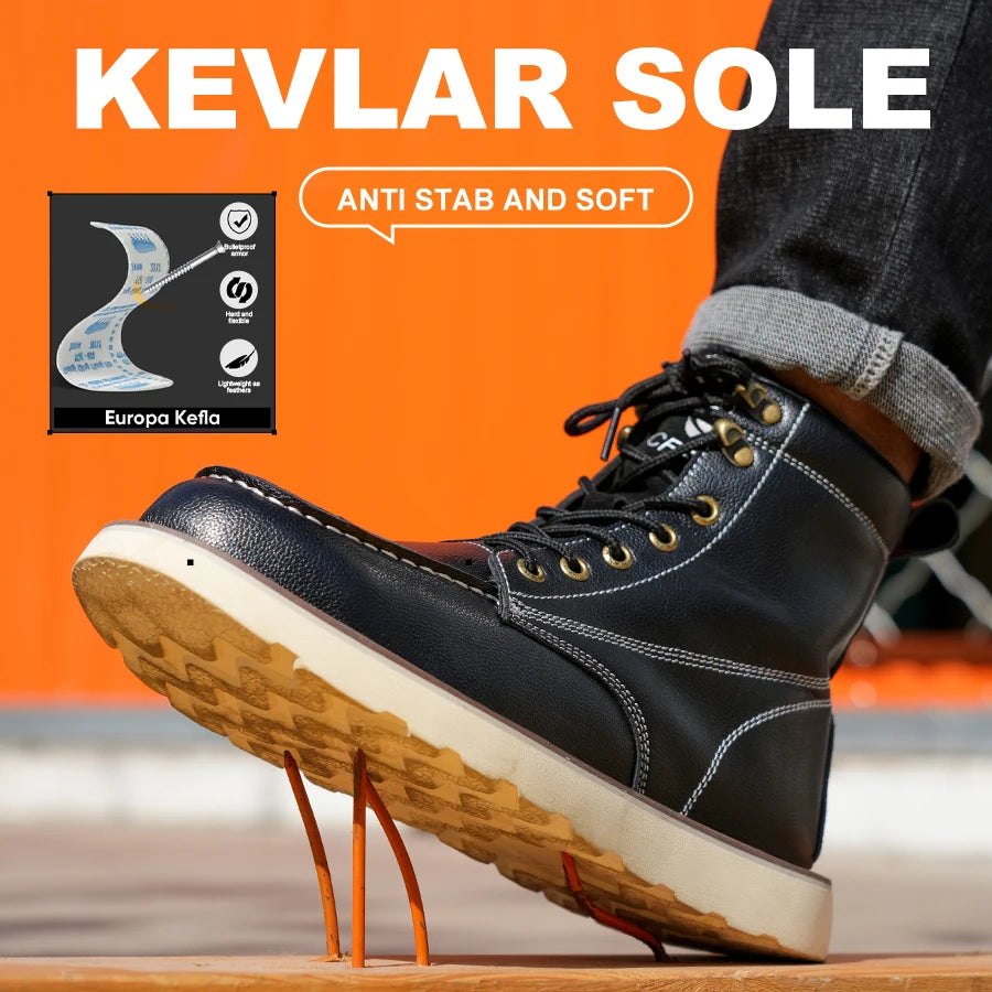 Men's Two-Layer Cowhide High-Top Anti-Puncture Anti-Smash Safety Shoes