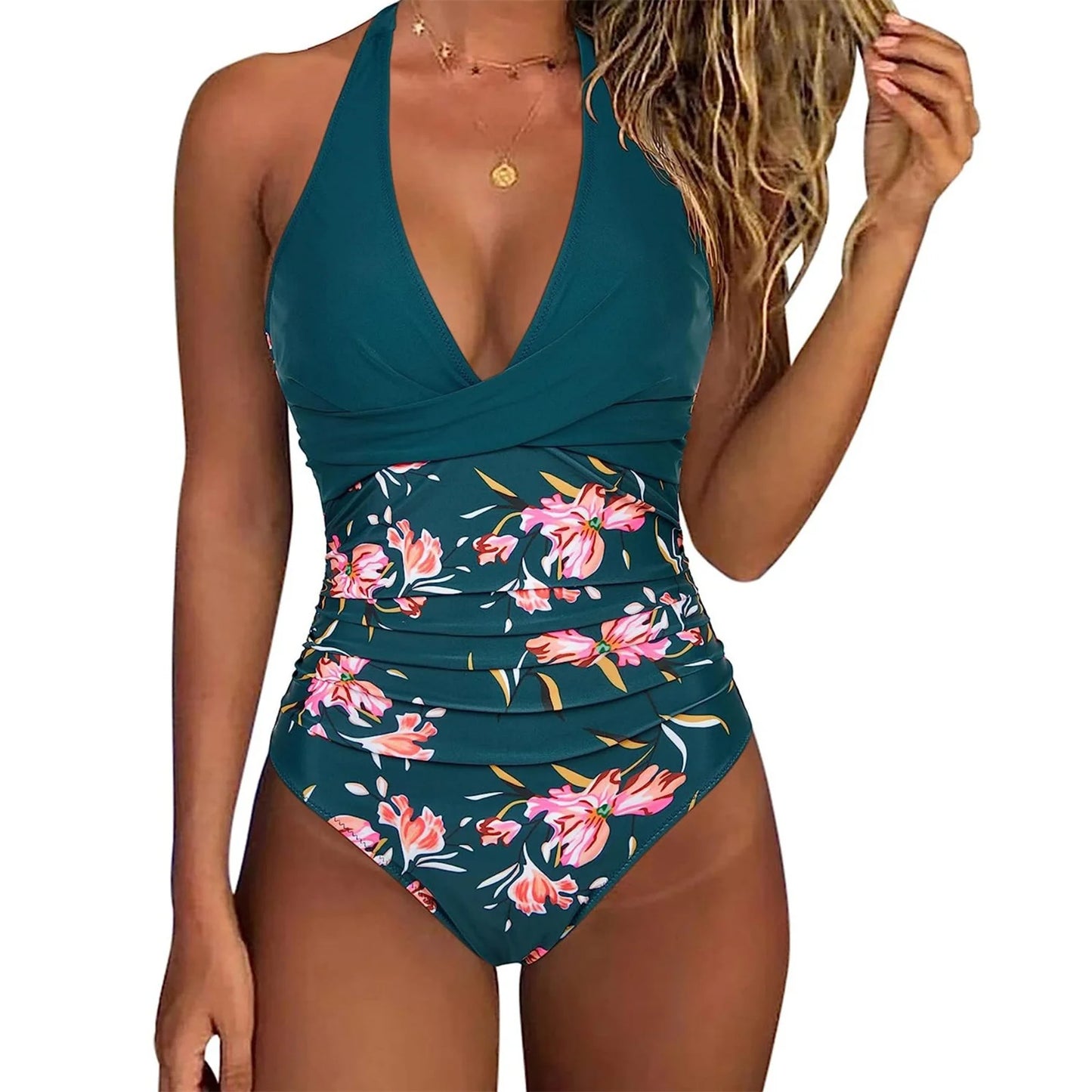 NONECN Tummy Control Striped Cross Front One Piece Swimsuit