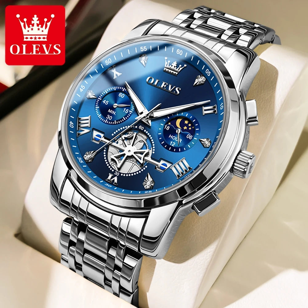 OLEVS Men's Flywheel Skeleton Chronograph Moon Phase Watch