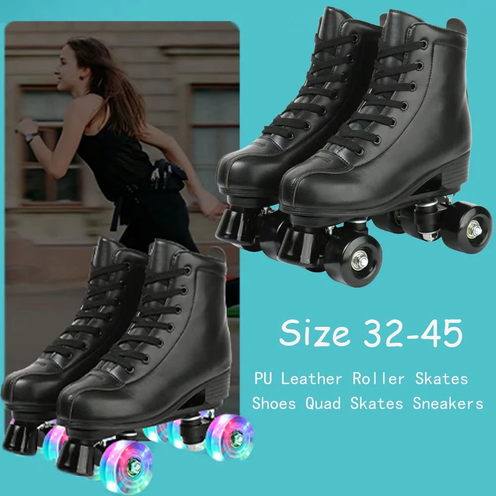 YYW PU Leather Roller Skates For Women With Flash Wheels