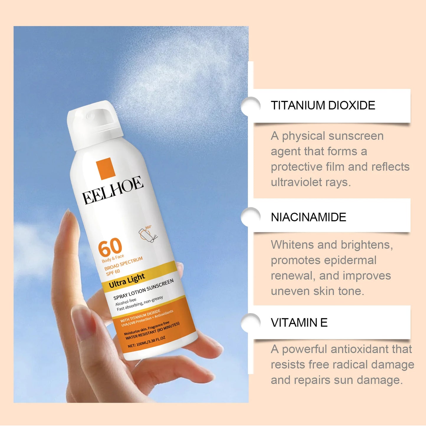 Eelhoe Vitamin E Sunscreen Spray Long Lasting UV Protection