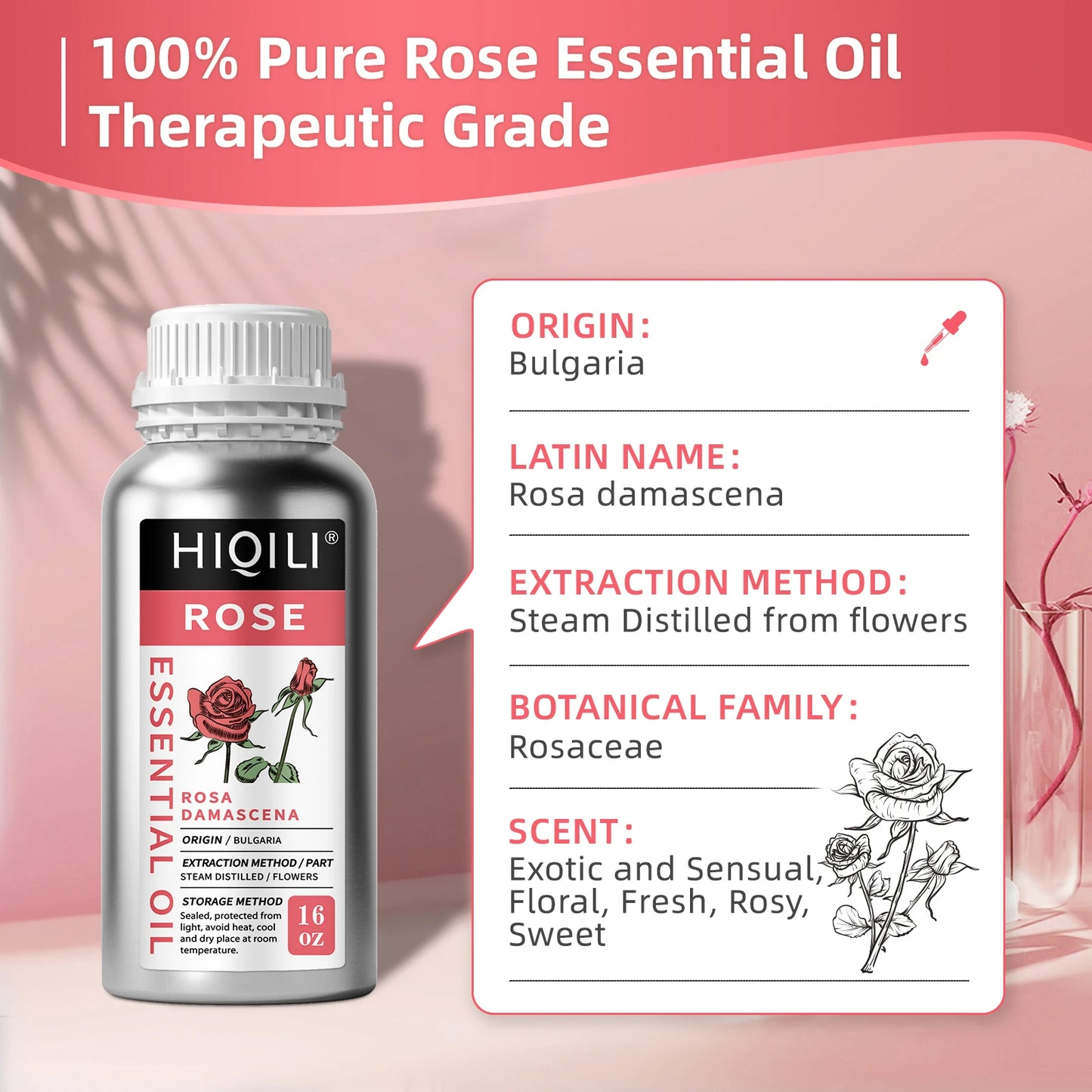 HIQILI Rose Essential Oil Pure For Diffuser Aromatherapy