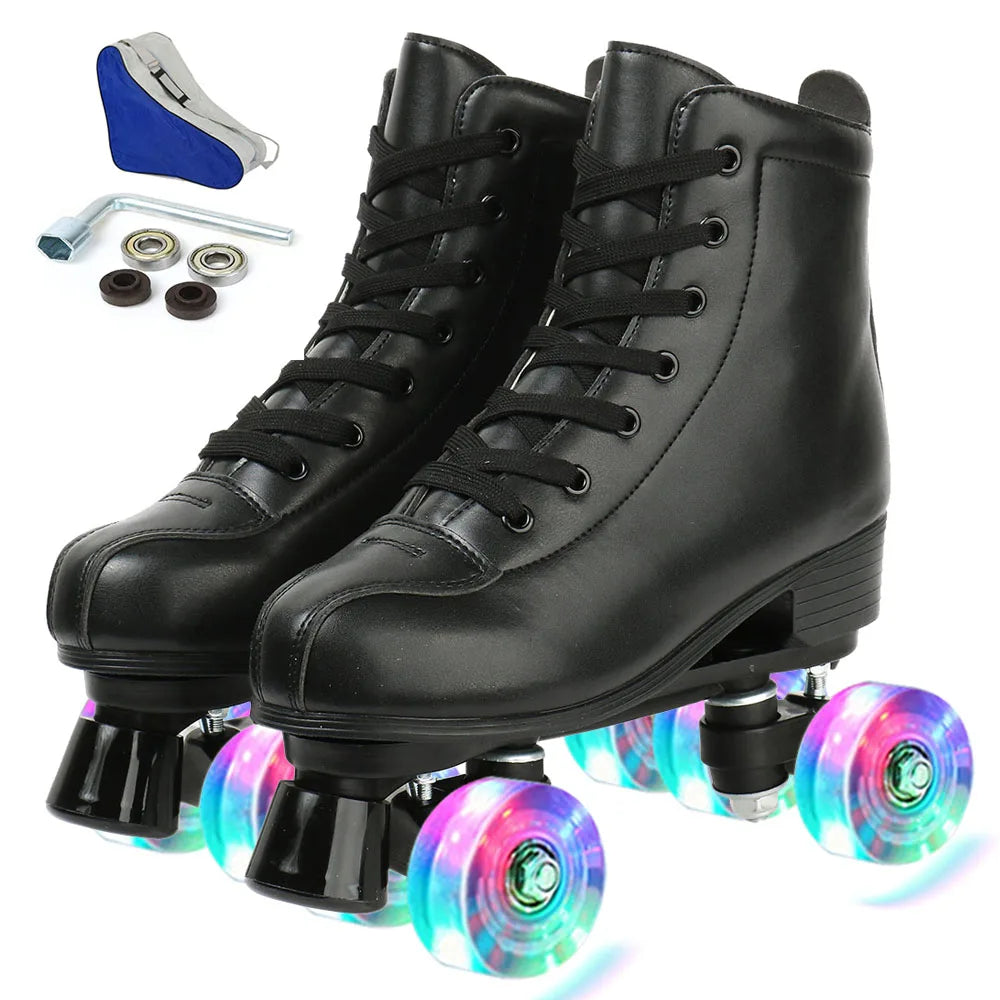 YYW PU Leather Roller Skates For Women With Flash Wheels