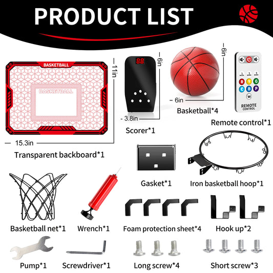 NONECE Indoor Outdoor Basketball Hoop Over Door Led Lights Scoreboard