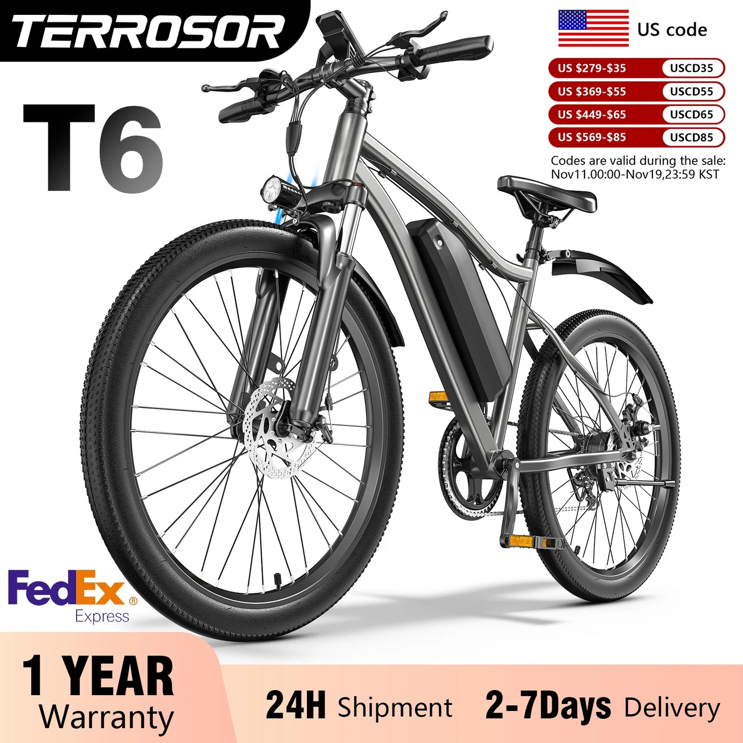 Terrosor Electric Fat Tire Mountain Bike 350W Peak Ebike