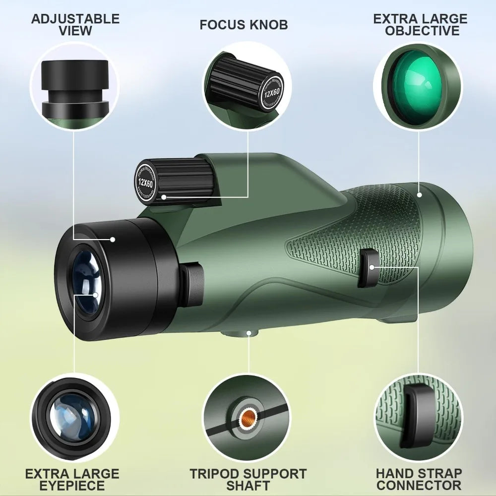Pankoo 12x60 HD Monocular Telescope With Smartphone Adapter Tripod