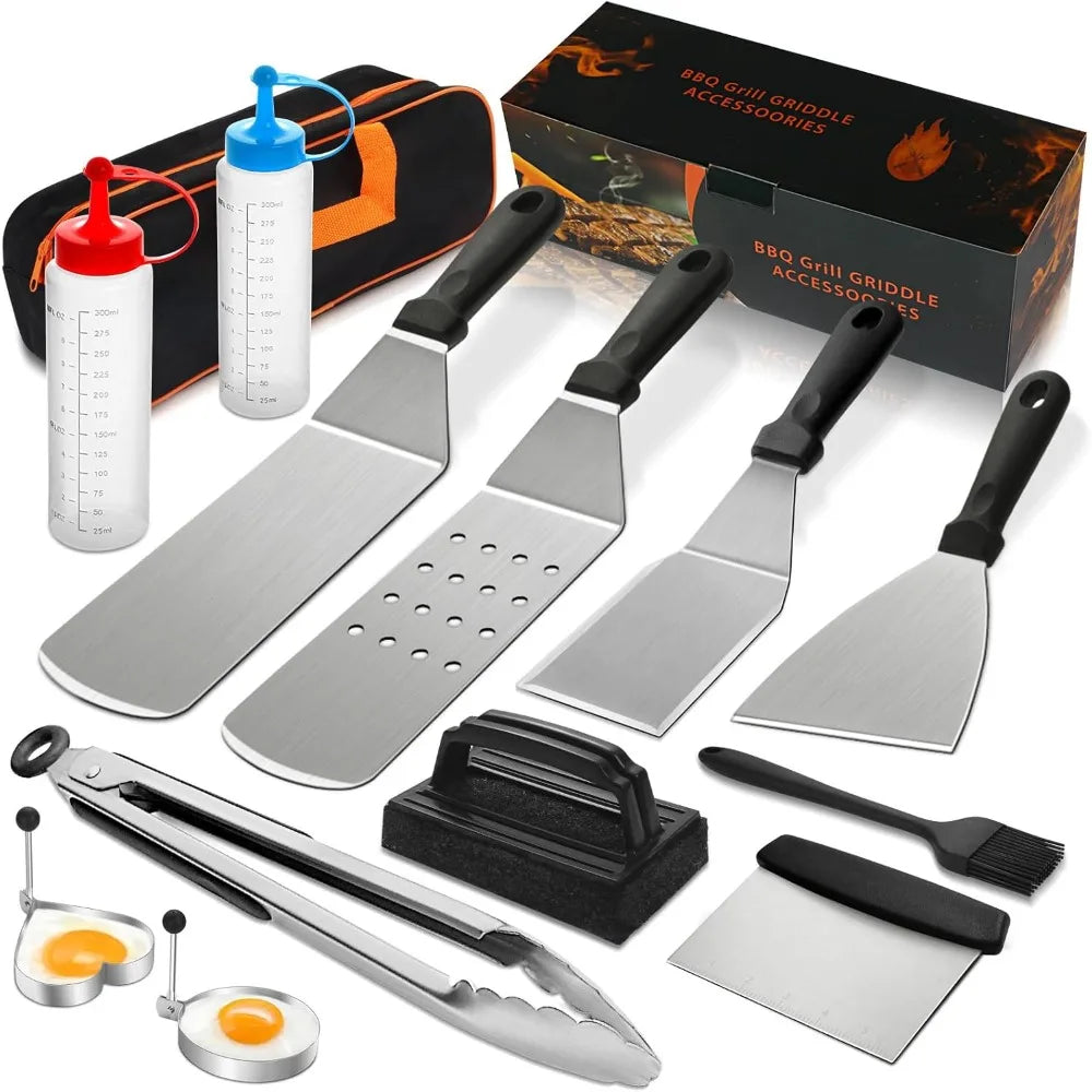 14PCS Griddle Accessories Kit, Flat Top Grill Accessories Set for Blackstone and Camp Chef, Grill Spatula Set with Enlarged Spat
