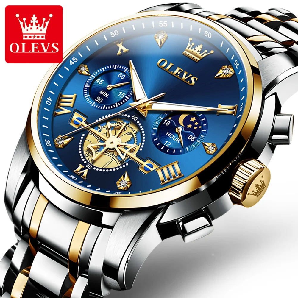 OLEVS Men's Flywheel Skeleton Chronograph Moon Phase Watch