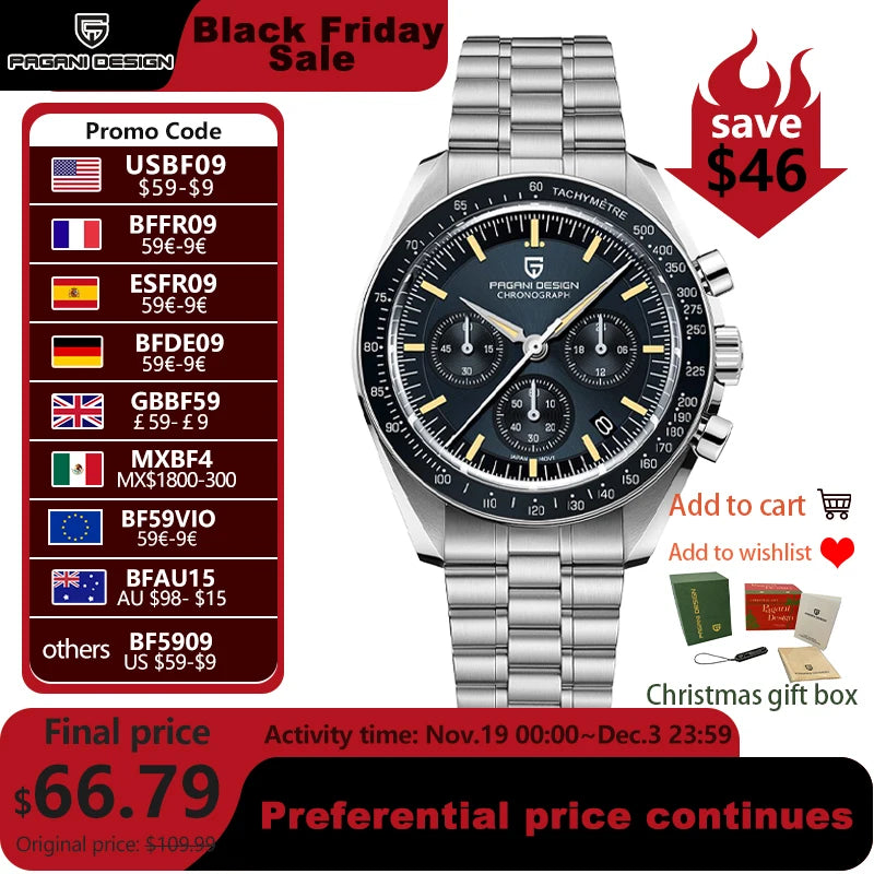 PAGANI DESIGN CK2998 Moon Watch Stainless Steel Chronograph For Men