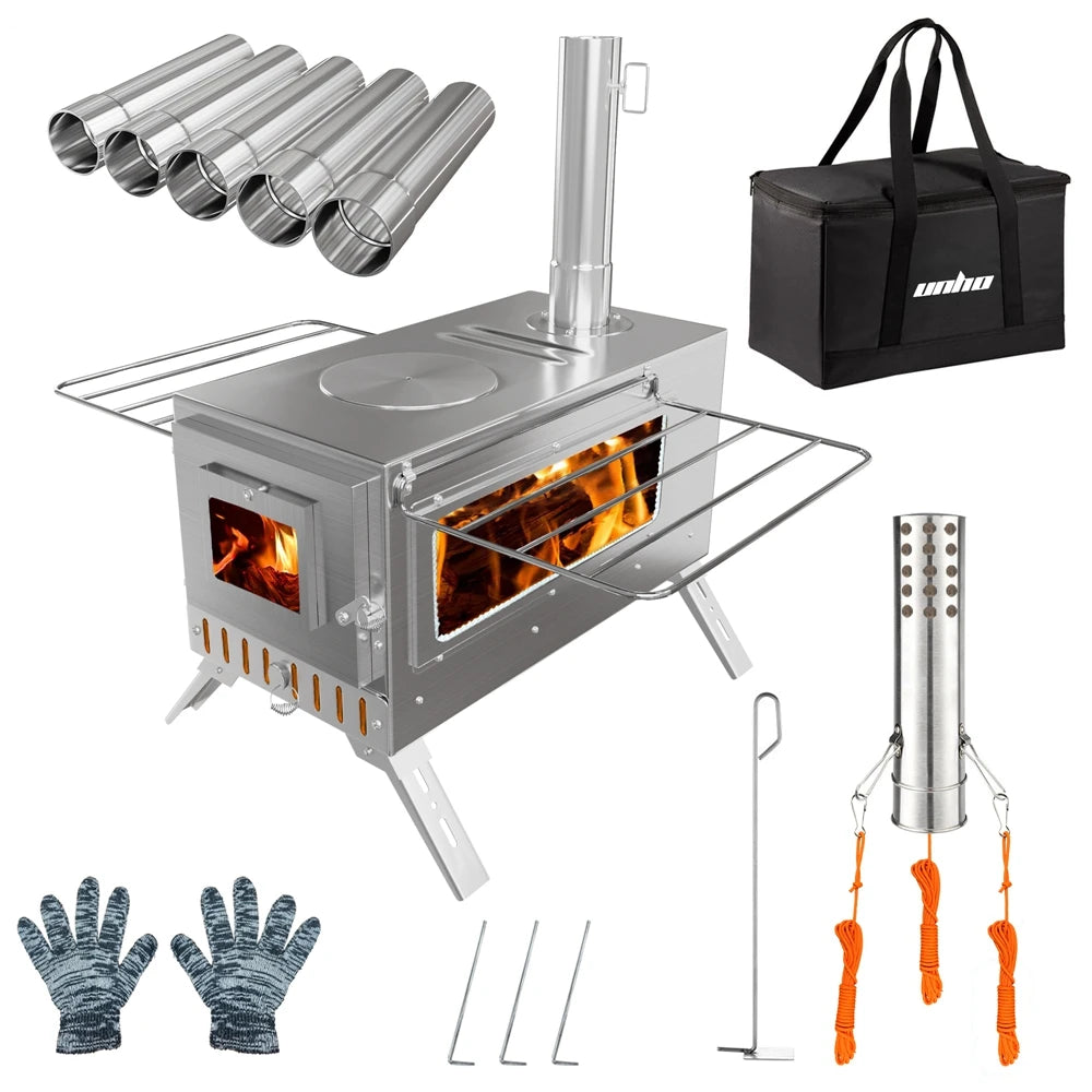 Stainless Steel Portable Camping Wood Burning Stove With Chimney Pipes
