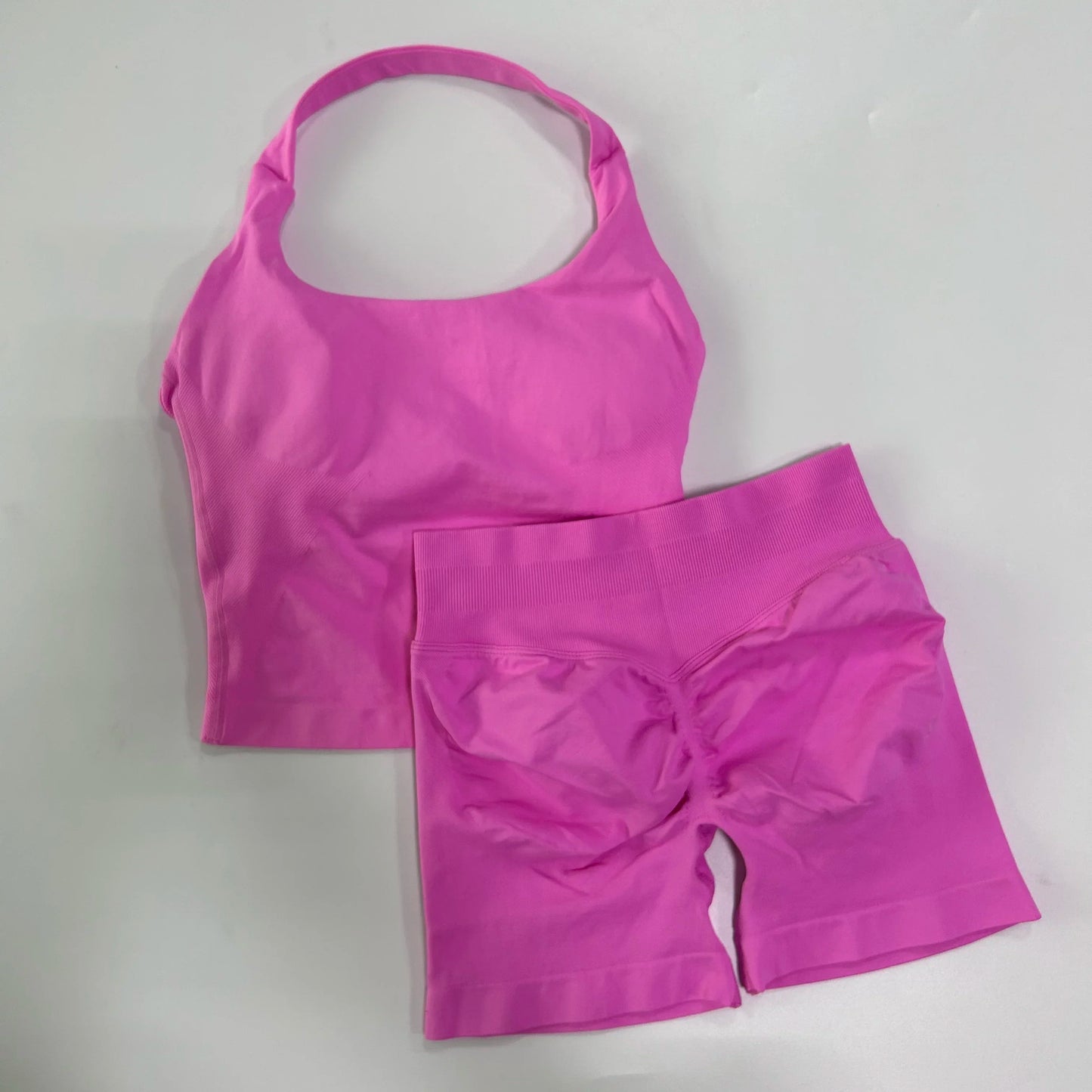SKINOFSKIN Yoga Two Piece Set Women Backless Halter Tops High Waist Shorts
