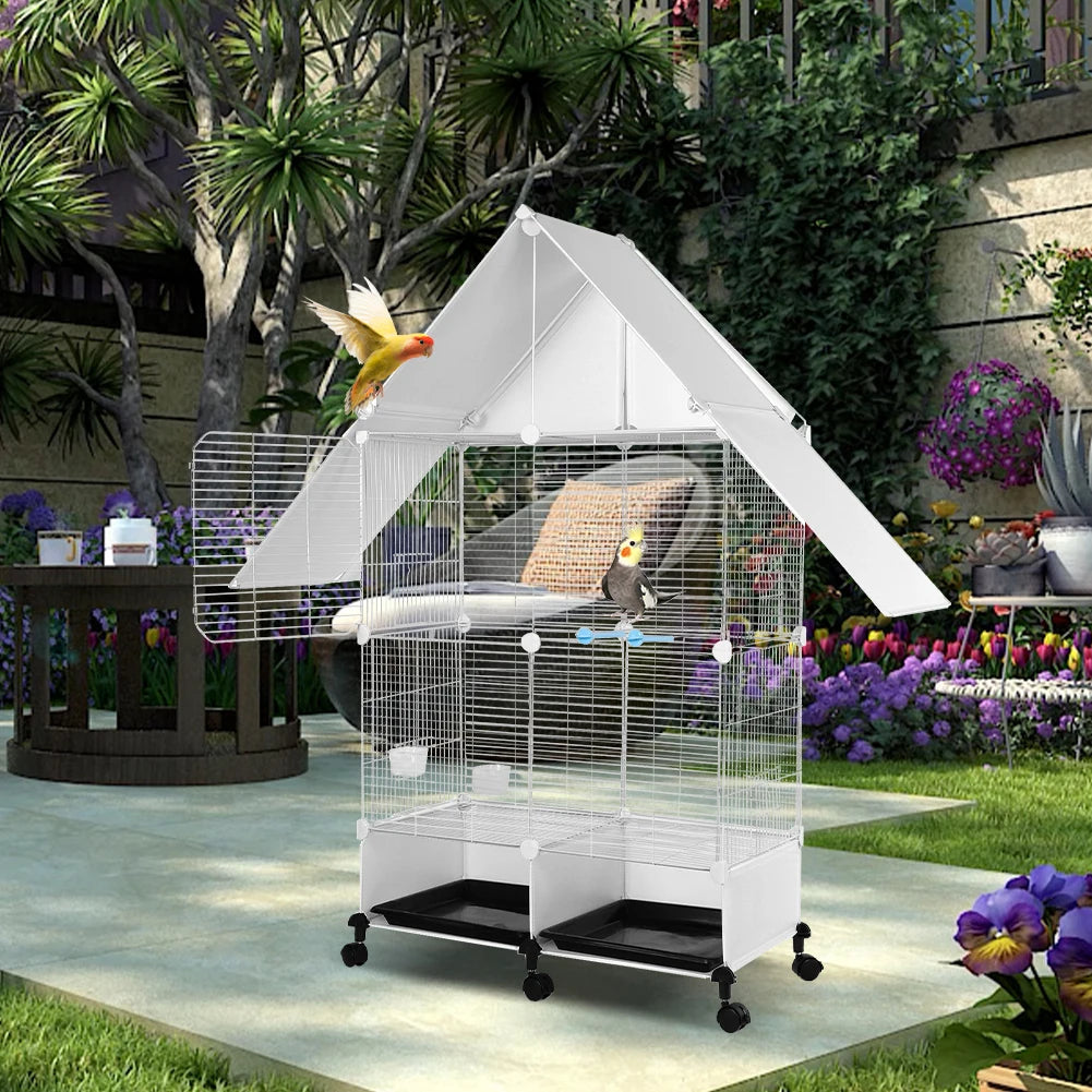 Two-Tier House Shape Iron Bird Cage With Rolling Stand