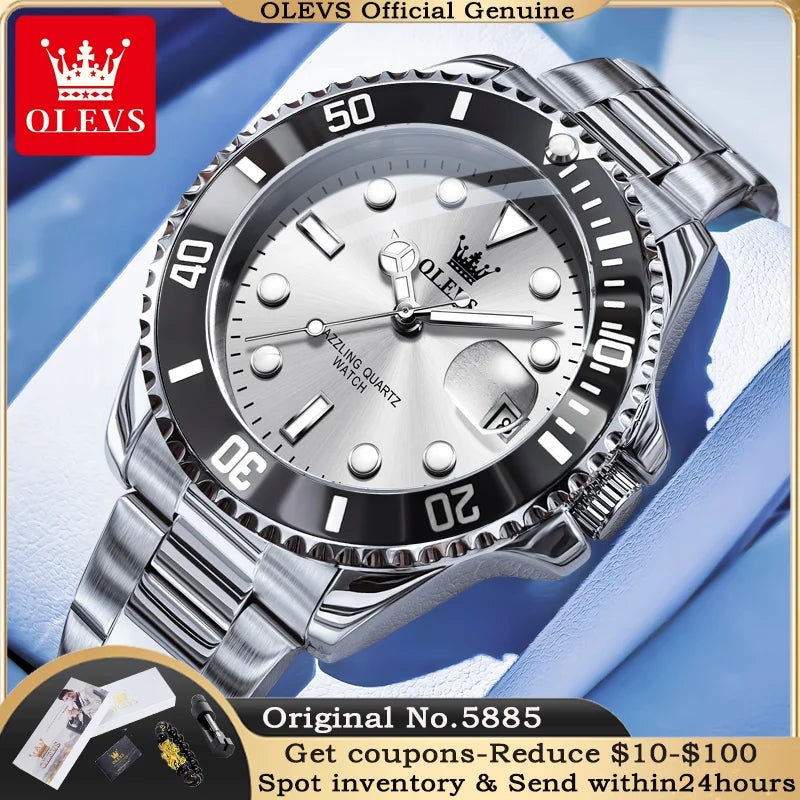 OLEVS 5885 Men's Diving Quartz Watch Stainless Steel