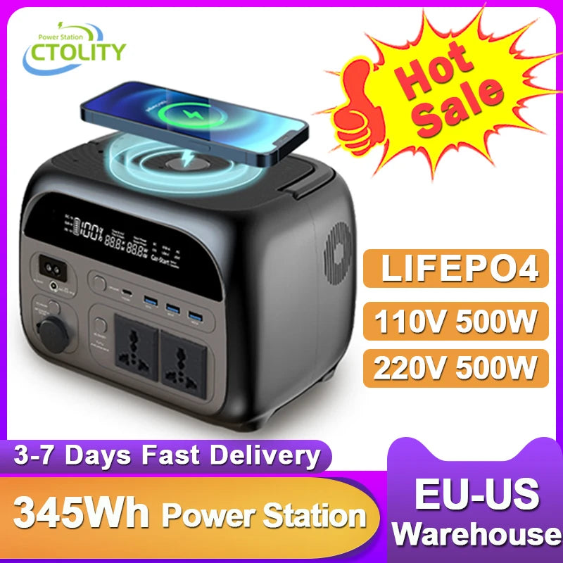 CTOLITY 500W Camping Power Station 345.6Wh LiFePo4 Portable Solar Generator 110V 220V AC Energy Storage Supply Pure Sinve Wave