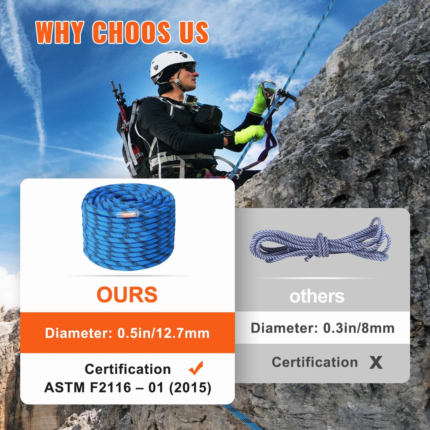 VEVOR Static Climbing Rope 30KN Breaking Strength Outdoor