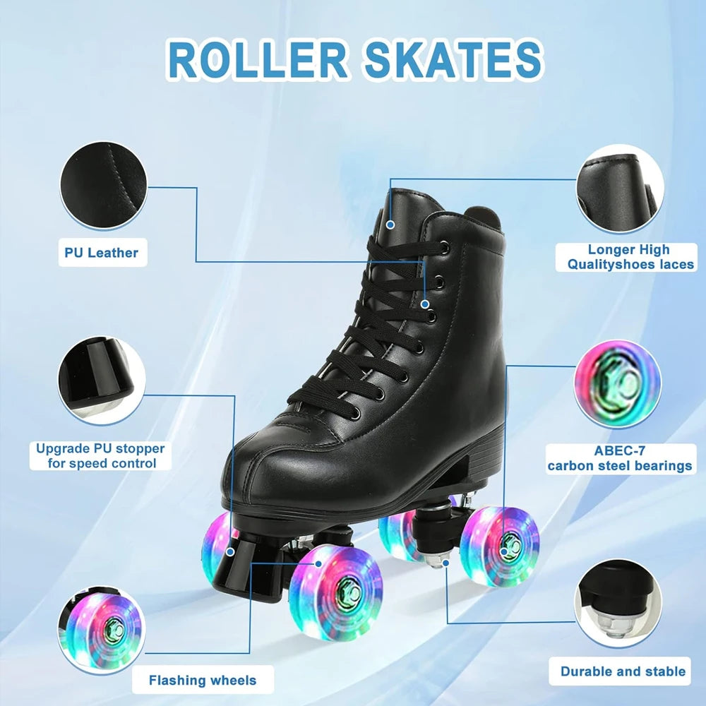 YYW PU Leather Roller Skates For Women With Flash Wheels