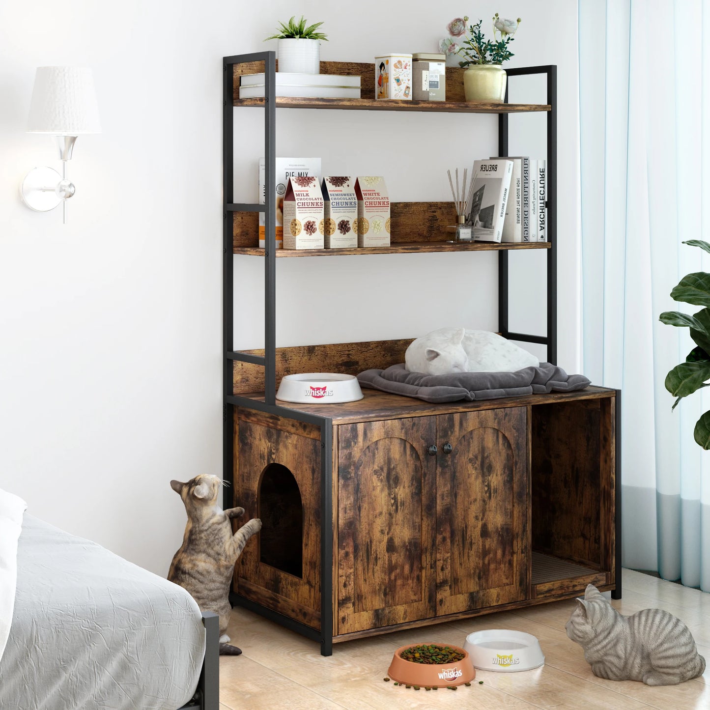 HiMISSCN Wooden Hidden Cat Litter Box Enclosure With Shelves