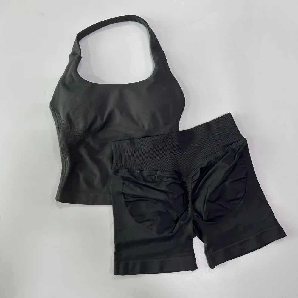 SKINOFSKIN Yoga Two Piece Set Women Backless Halter Tops High Waist Shorts