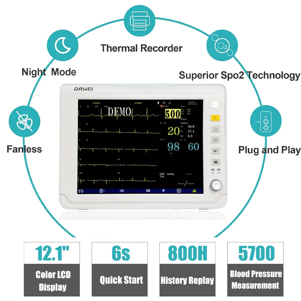 DAWEI Portable Veterinary Monitor 6 Parameter ECG Blood Oxygen BP