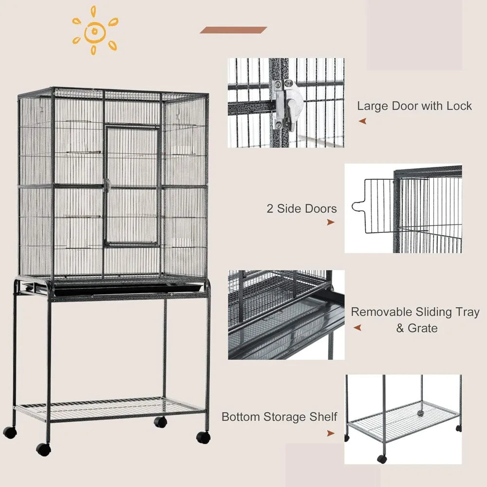 NONECN Rolling Metal Bird Cage Feeder Detachable Stand And Shelf