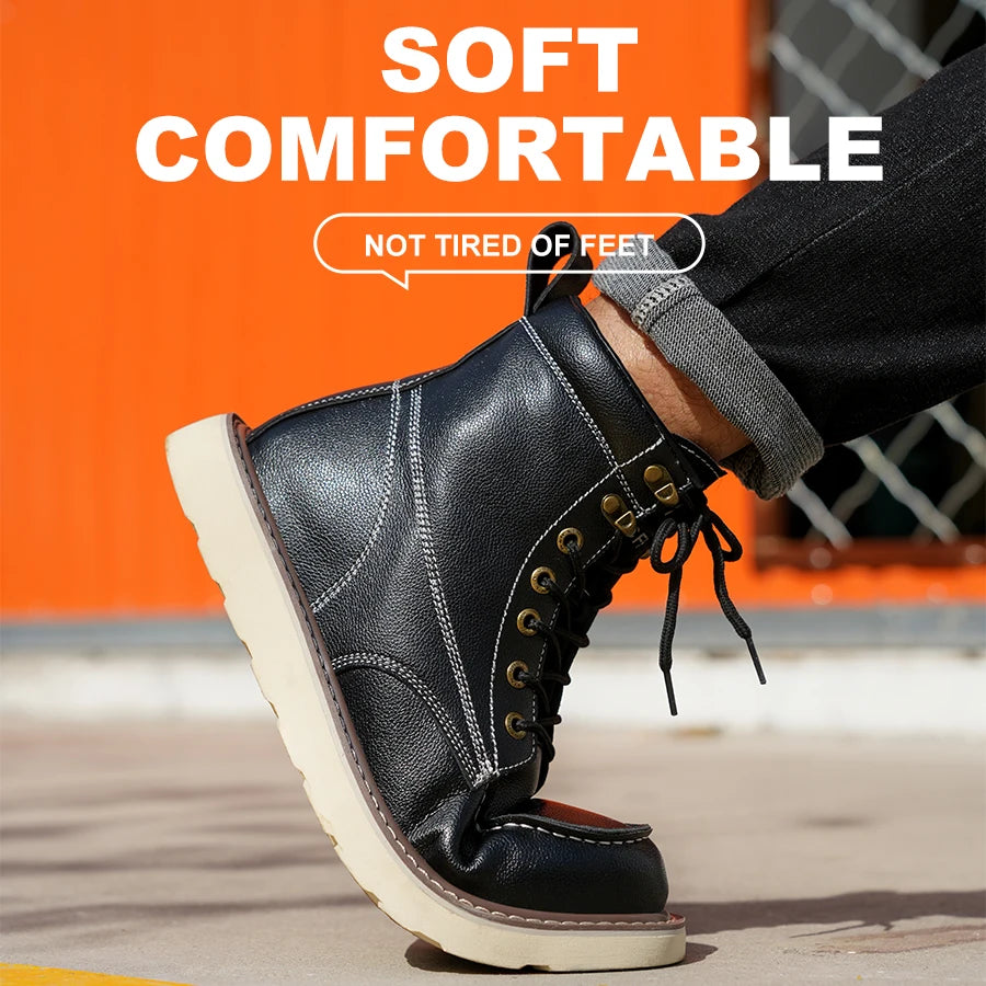 Men's Two-Layer Cowhide High-Top Anti-Puncture Anti-Smash Safety Shoes