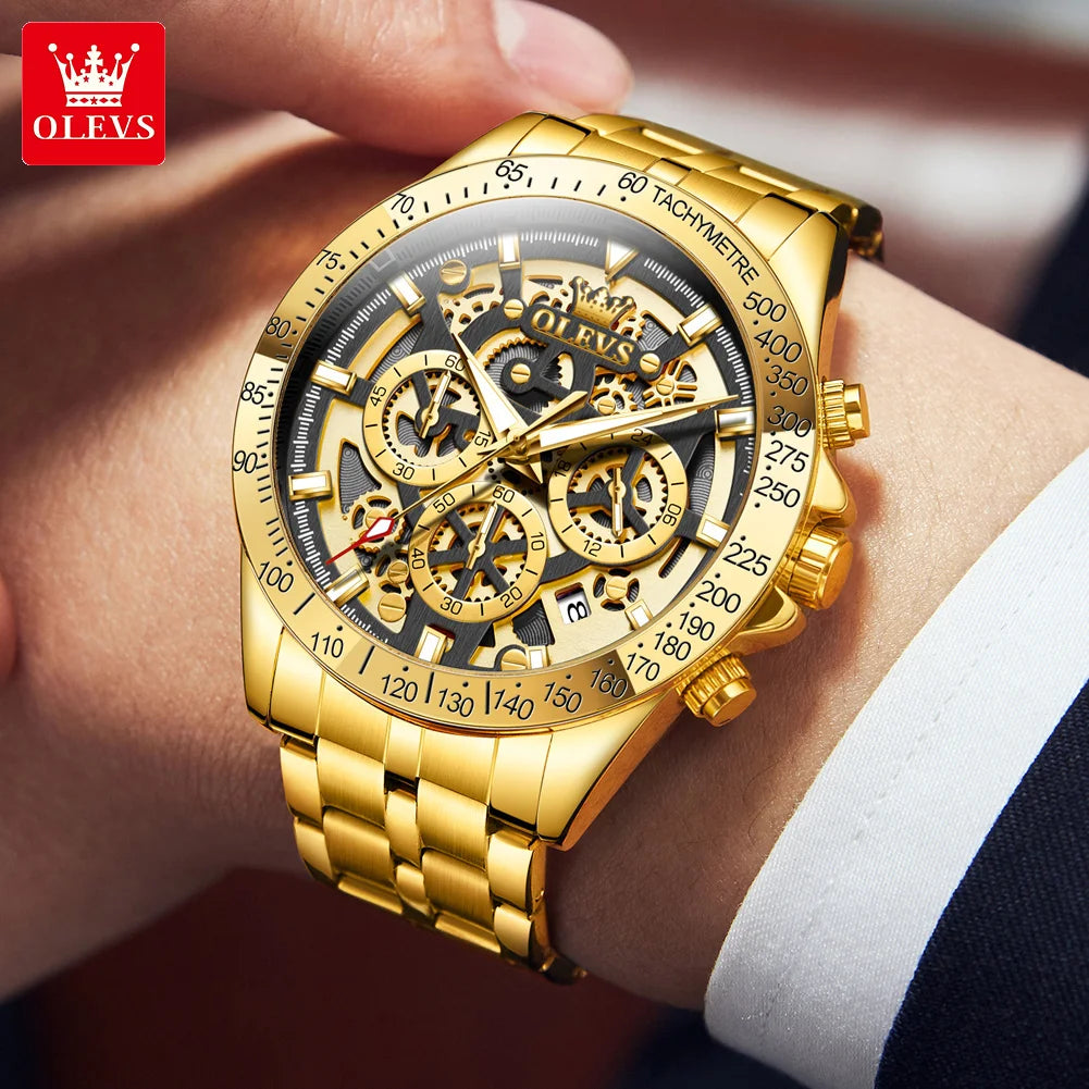 OLEVS Luxury Skeleton Chronograph Stainless Steel Mens Watch