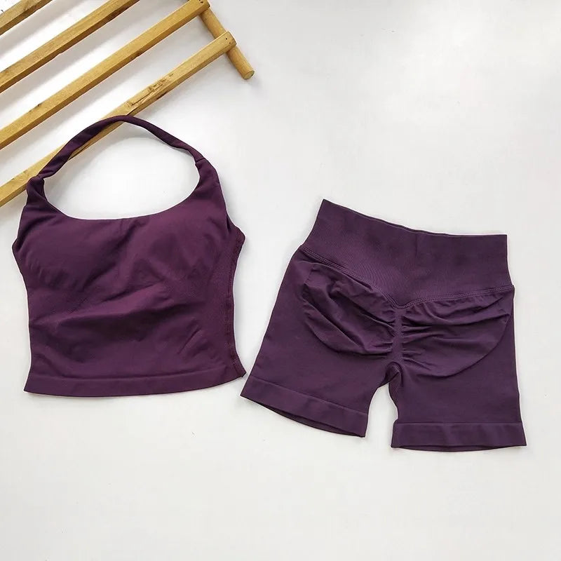 SKINOFSKIN Yoga Two Piece Set Women Backless Halter Tops High Waist Shorts