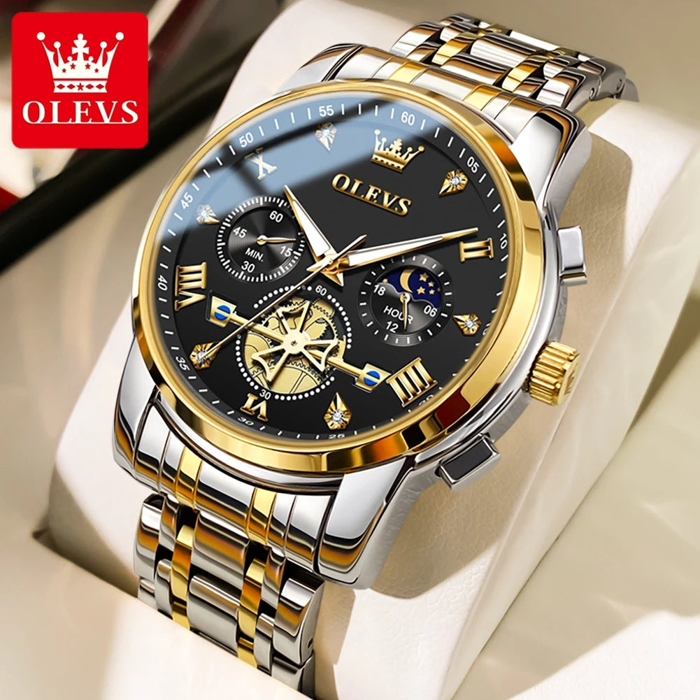 OLEVS Men's Flywheel Skeleton Chronograph Moon Phase Watch