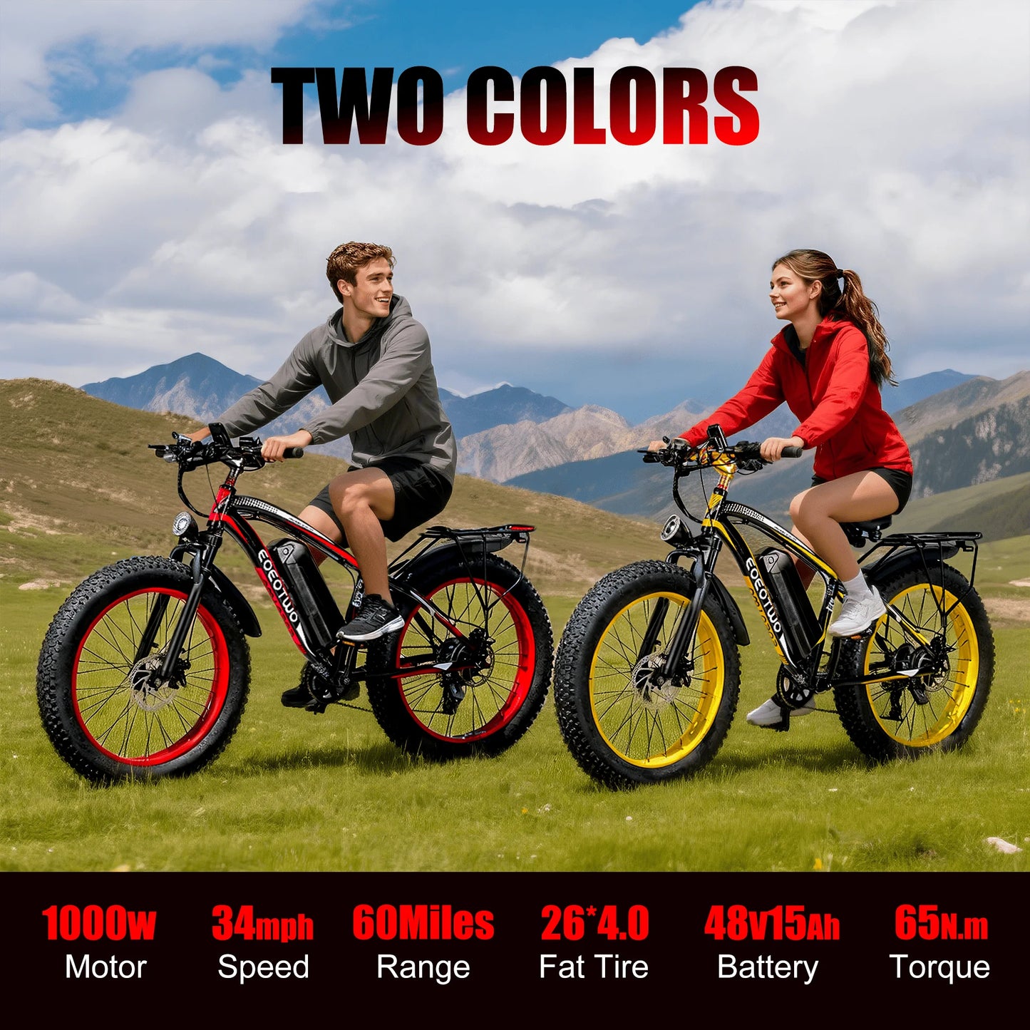 EOEOTWO E01 Electric Fat Tire Bike 34 MPH 1500W Peak Motor