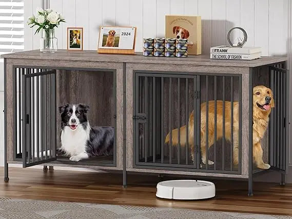 Wooden Double Dog Crate Furniture TV Stand for Medium and Large Breeds