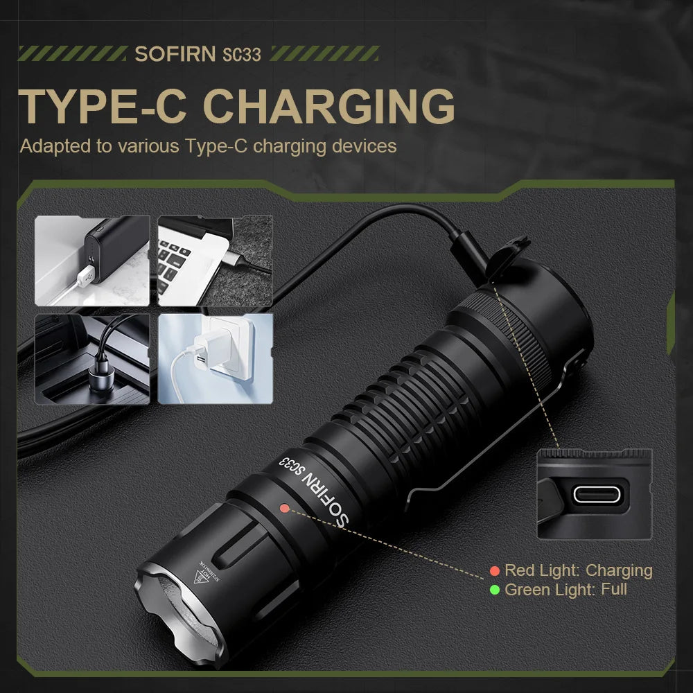 Sofirn SC33 LED Tactical Flashlight XHP70.3 5200lm Rechargeable 21700