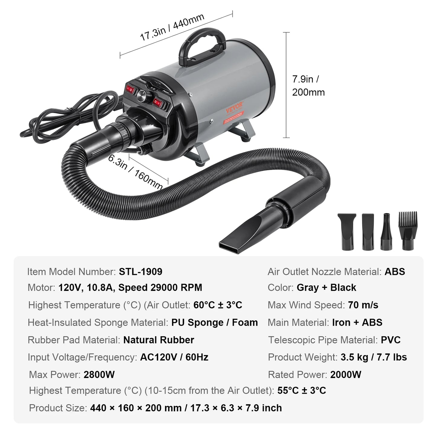 Dog Blow Dryer 2000W With Adjustable Speed And Nozzles