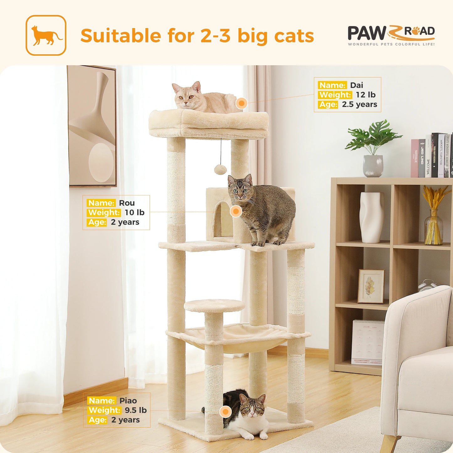 PAWZ Road 5 Level Indoor Cat Tree With Large Hammock And Scratching Posts