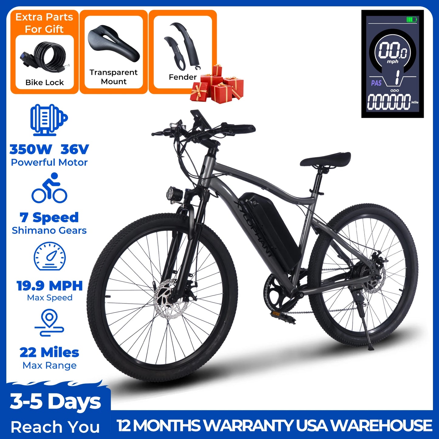 Terrosor Electric Fat Tire Mountain Bike 350W Peak Ebike
