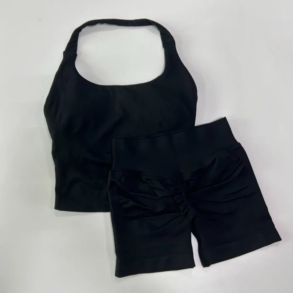 SKINOFSKIN Yoga Two Piece Set Women Backless Halter Tops High Waist Shorts