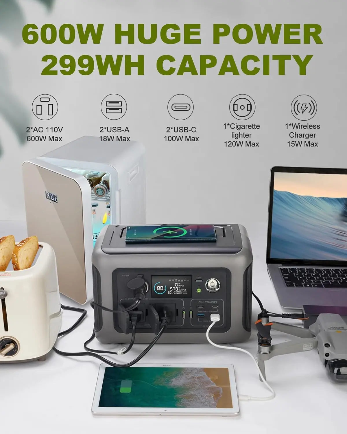 ALLPOWERS R600 Portable Power Station 299Wh LiFePO4 Battery