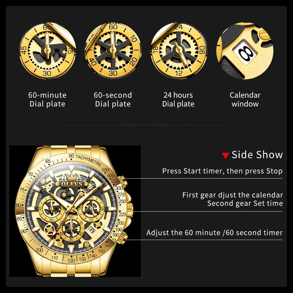 OLEVS Luxury Skeleton Chronograph Stainless Steel Mens Watch